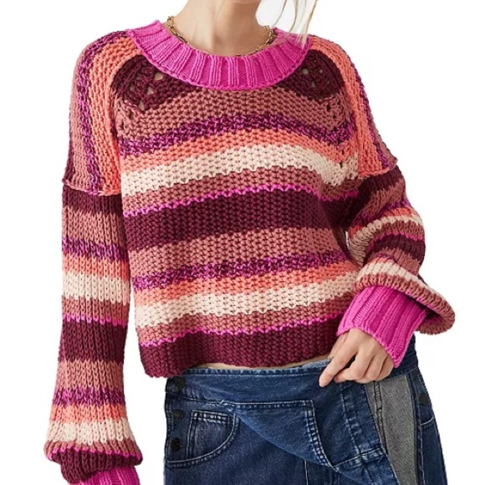 Free People Devon Stripe Crop Sweater in the Fuschia Rose Combo XS